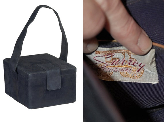 Navy suede diamond box purse, vintage 50s top hand