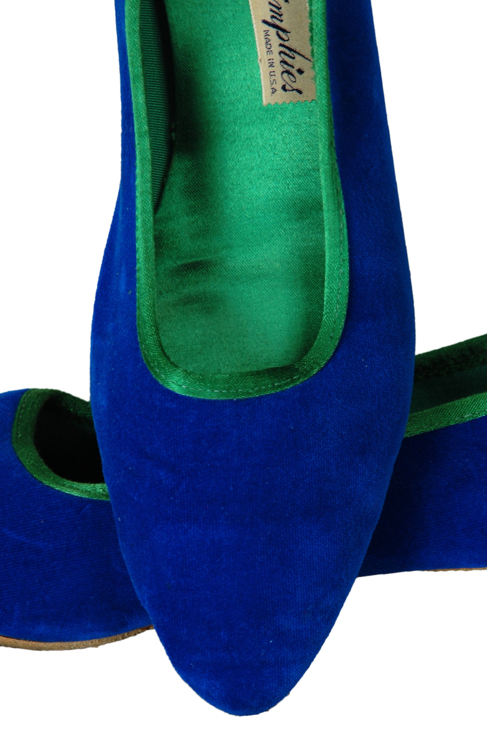 blue + green velvet and satin ballet flats, vintage 60s padded slippers slides, size 10