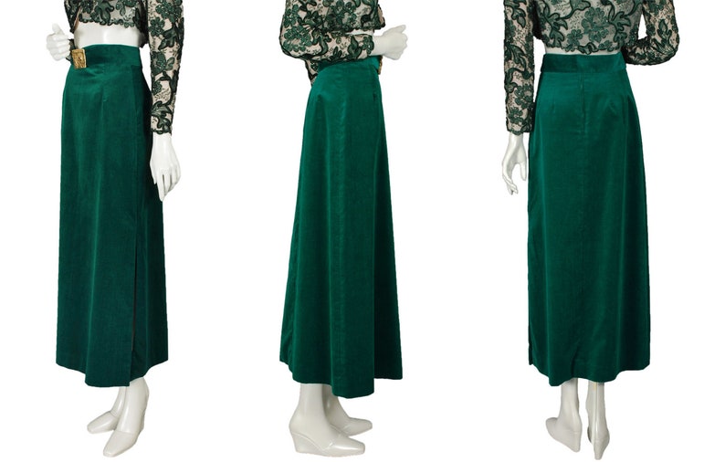 Vintage emerald green velveteen maxi skirt gold Brutalist buckle mid-century 1960s hostess skirt size S