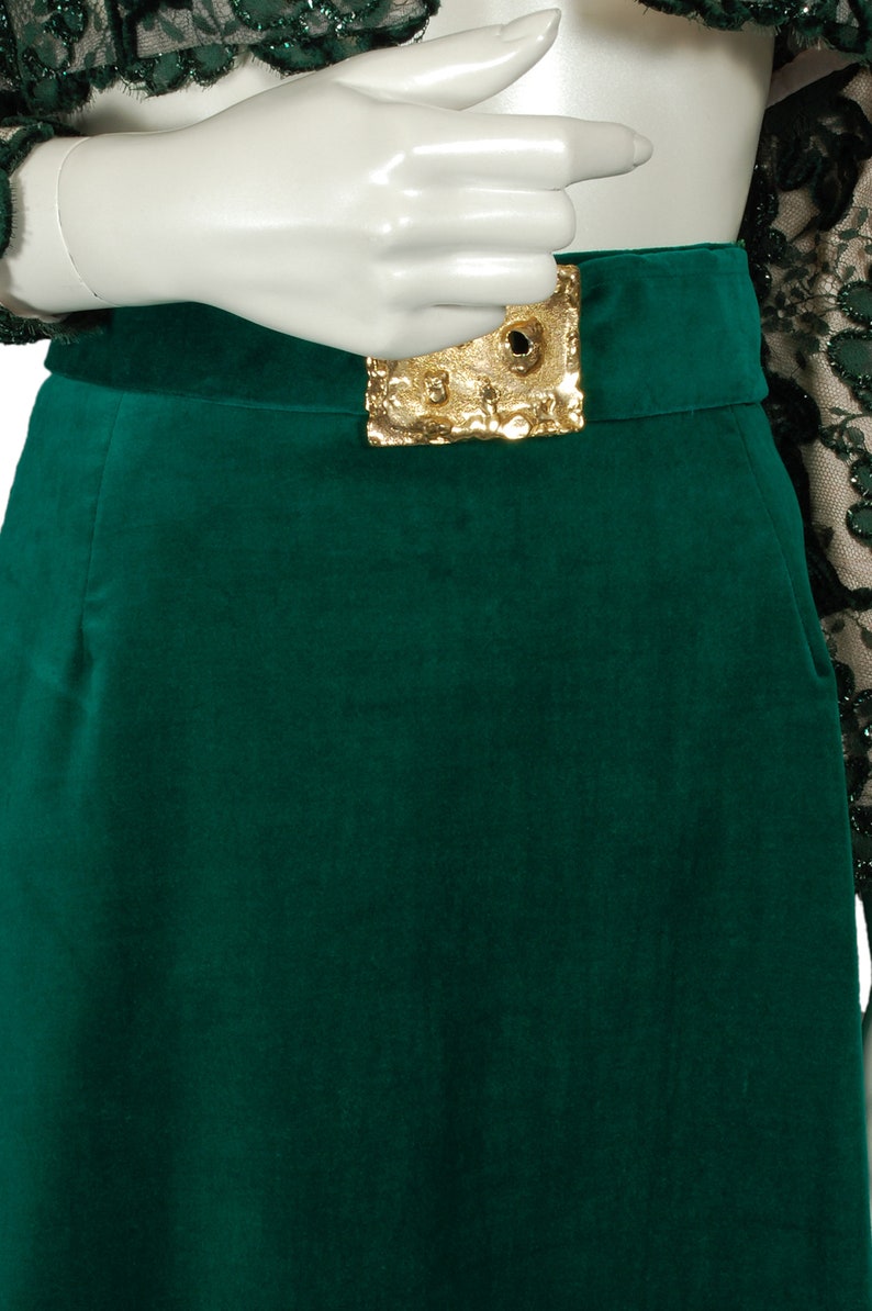 Vintage emerald green velveteen maxi skirt gold Brutalist buckle mid-century 1960s hostess skirt size S