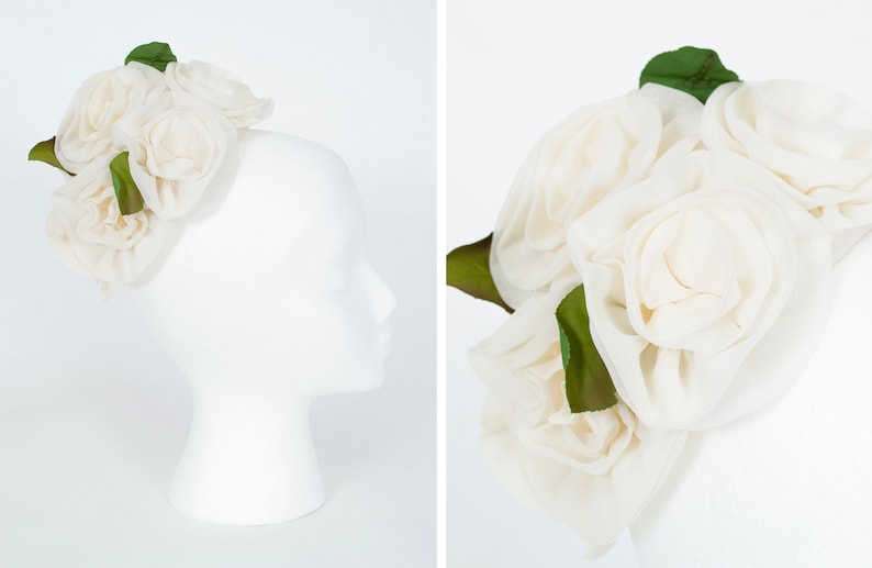 Ivory rose wedding cap with wired leaves, vintage 1950s floral calot buy mini hat, attached hair combs, one size