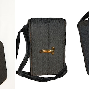 Vintage black velvet and lace box purse, 1950s structured evening bag, asymmetrical front