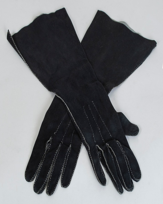 Vintage black suede leather dress gloves, chic 19… - image 2