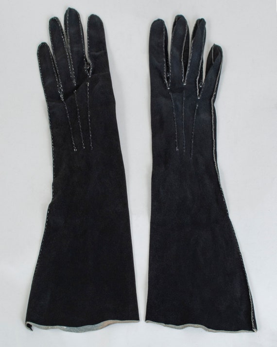 Vintage black suede leather dress gloves, chic 19… - image 3