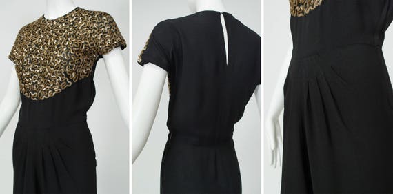 Vintage black draped pencil dress with gold sequi… - image 3