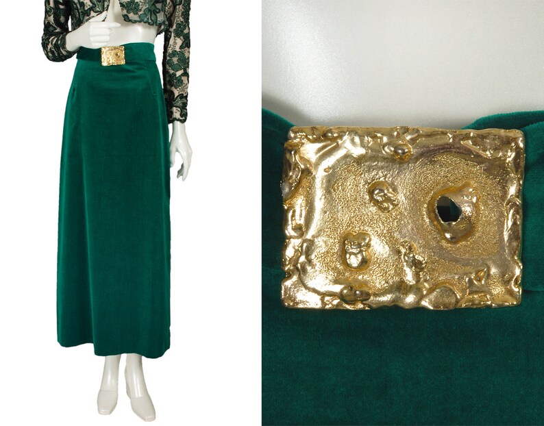 Vintage emerald green velveteen maxi skirt gold Brutalist buckle mid-century 1960s hostess skirt size S