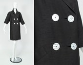 Black featherweight shantung elbow-sleeve mackintosh coat, vintage 60s A-line spring trench raincoat, oversize buttons, size M