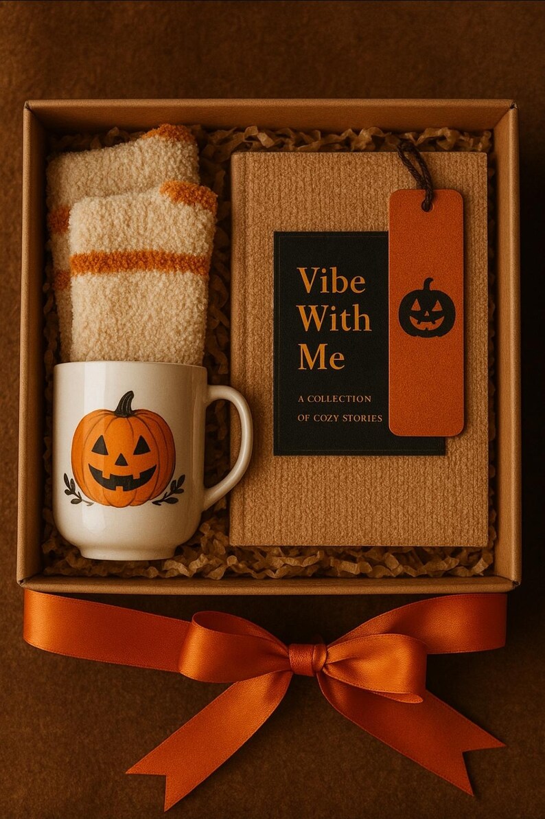 Op de afbeelding: Een Halloween-cadeaupakket met een witte mok met een pompoenontwerp, een boek met de titel "Vibe With Me", zachte sokken en een oranje lint. De doos is gevuld met decoratief stro.