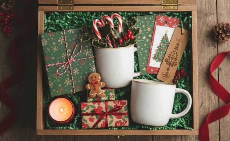 Op de afbeelding: Een houten kist gevuld met kerstartikelen. Inclusief ingepakte cadeaus, mokken, zuurstokken, labels, een peperkoeken man en een brandende kaars. De cadeaus zijn verpakt in groen papier met sneeuwvlokpatronen en vastgebonden met rood-wit touw.