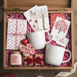 Op de afbeelding: Een houten kist gevuld met Valentijnsdagcadeaus. Inclusief twee witte mokken, een cadeau verpakt met rode harten, kaarten, een kaars en een kleine geschenkdoos met een rode strik. Roze papiersnippers en een hartvormig snoepje zijn ook aanwezig.