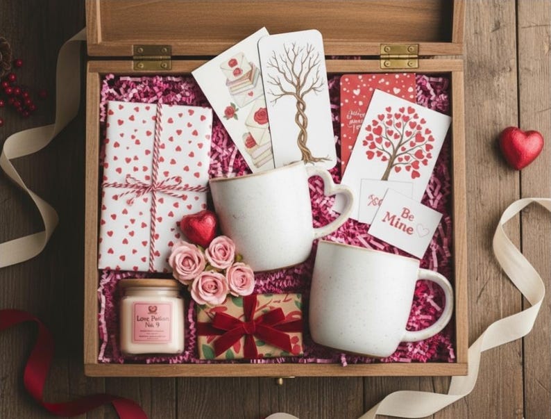 Op de afbeelding: Een houten kist gevuld met Valentijnsdagcadeaus. Inclusief twee witte mokken, een cadeau verpakt met rode harten, kaarten, een kaars en een kleine geschenkdoos met een rode strik. Roze papiersnippers en een hartvormig snoepje zijn ook aanwezig.