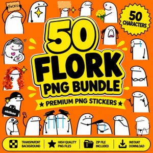 Pode incluir: Uma coleção digital de 50 autocolantes de personagens Flork com várias expressões e poses num fundo laranja. O texto diz 50 FLORK PNG BUNDLE, PREMIUM PNG STICKERS, TRANSPARENT BACKGROUND, HIGH QUALITY PNG FILES, ZIP FILE INCLUDED e INSTANT DOWNLOAD.