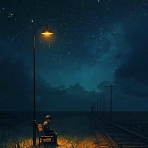 May include: A digital illustration of a person sitting on a wooden bench beside a tall street lamp at night. The scene features railway tracks stretching into the distance under a dark blue starry sky, with warm light illuminating the grass.