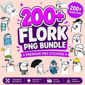 Könnte beinhalten: Eine digitale Sammlung von über 200 Flork-Charakter-PNG-Stickern mit verschiedenen Posen und Outfits, darunter ein Polizist, ein Bauarbeiter und Figuren mit Zubehör wie Regenschirmen, Bier und Telefonen, mit fettem violettem und weißem Text.