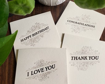 Vintage Greeting Cards - A2 sized Letterpress Cards - Blank Inside - Thank You - Happy Birthday - Congratulations - I Love You