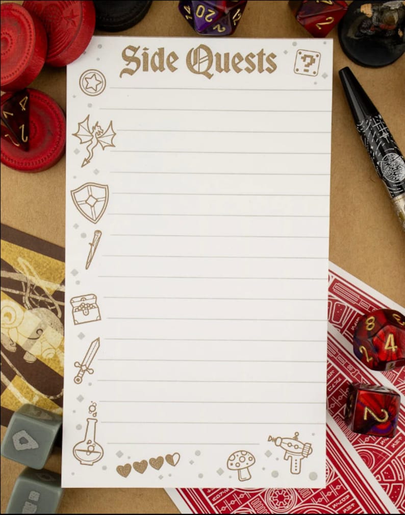 Side Quest Note Pad - Gamer - Letterpress Printed Note Pad - Grocery ...