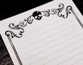 Memento Mori Note Pad - Letterpress Notepad - Grocery Shopping List - Elegant Goth Skull Spooky