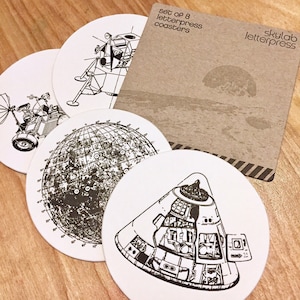 Lunar Landing Coasters - 8 pack of Letterpressed Coasters - 4 Designs NASA Coasters - Gifts for Him