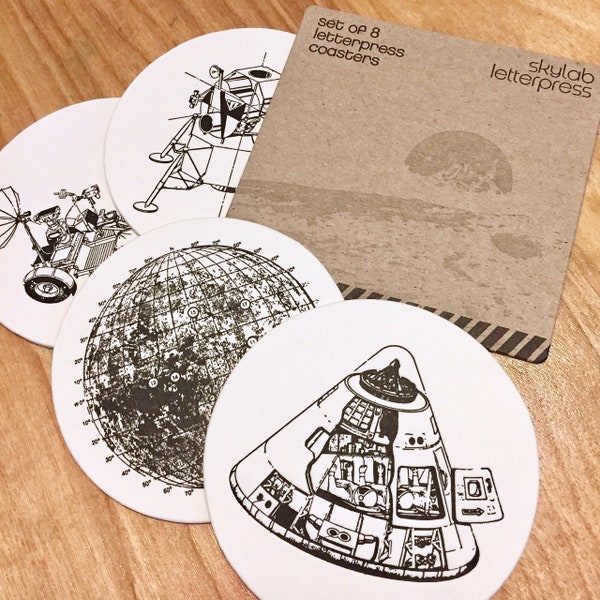 Lunar Landing Coasters - 8 pack of Letterpressed Coasters - 4 Designs NASA Coasters - Gifts for Him