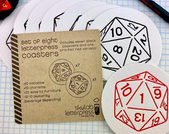 Critical Fail! D-20 Coasters - 8 pack Letterpressed Coasters - Dungeons and Dragons - Game Night