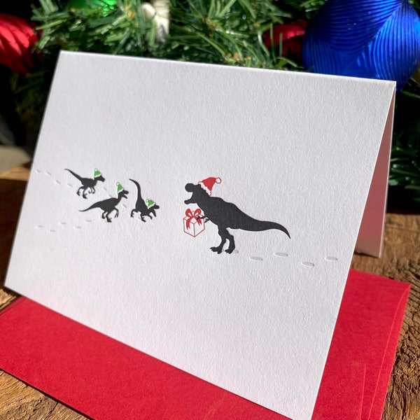 Dino Holiday Party Holiday Card  - A2 sized Letterpressed Greeting Card - Blank Inside