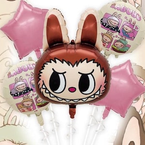 Monster Labubu Birthday Balloon Set Brown & Pink