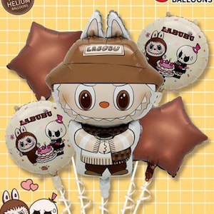 Monster Labubu Birthday Balloon Set Brown Happy Birthday
