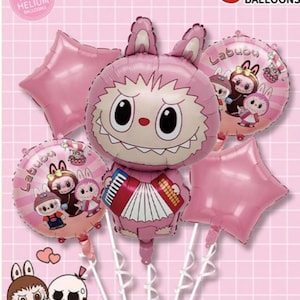 Monster Labubu Birthday Balloon Set Pink Stars Accordion