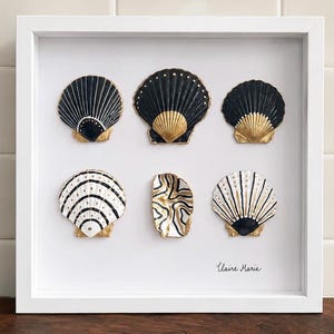 Black and White Coastal Shell Shadow Box | 10x10 Framed Seashell Wall Art | Handmade Oyster & Scallop Shell Decor | Beach Cottage Decor