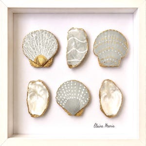 Gray Coastal Shell Shadow Box | 10x10 Framed Seashell Wall Art | Handmade Oyster & Scallop Shell Decor | Nautical Beach Cottage Decor