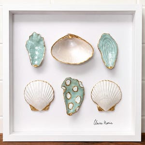 Blue Coastal Shell Shadow Box | 10x10 Framed Seashell Wall Art | Handmade Oyster & Scallop Shell Decor | Nautical Beach Cottage Decor