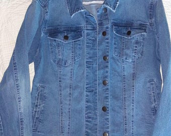 Vintage Chico's Design Denim Jacket With Silk Batik Flower