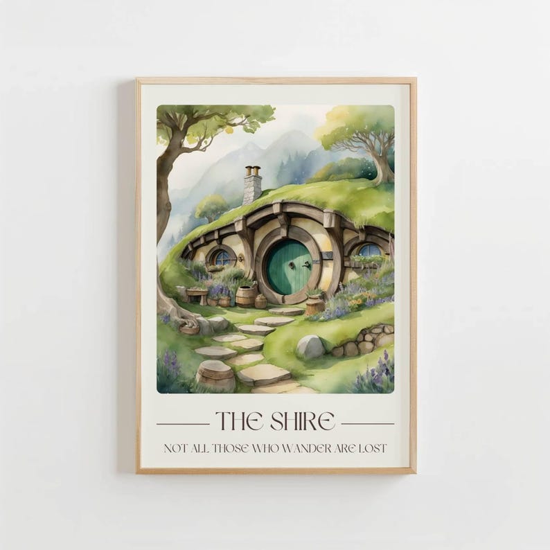 May include: A watercolor painting of a hobbit hole in The Shire, a fictional location from the Lord of the Rings books. The house is green and brown with a round green door. The text "The Shire" and "Not all those who wander are lost" is below the image.