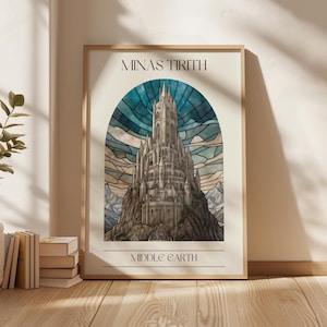 May include: A poster with a stained glass illustration of Minas Tirith, a fictional city from the Lord of the Rings books, with the text "Minas Tirith" and "Middle Earth" at the top and bottom of the image.
