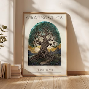 May include: A framed print of a stylized illustration of a tree with a stained glass effect. The tree is surrounded by a landscape with a sun setting in the background. The text "WHOMPING WILLOW PLANTED 1971" is printed below the image.
