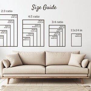 May include: A size guide for prints with different aspect ratios, including 2:3, 4:5, 3:4, and 11x14 inches. The guide shows the dimensions in both inches and centimeters.