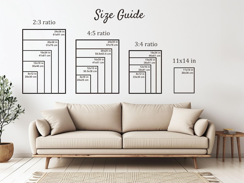 May include: A size guide for prints with different aspect ratios, including 2:3, 4:5, 3:4, and 11x14 inches. The guide shows the dimensions in both inches and centimeters.