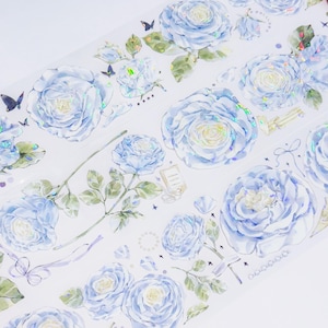 No.13 | Elegant Blue & White Floral PET Tape – | Washi Tape | Loop 100cm | Perfect For Journaling, DIY Crafts, Gift Wrapping, Scrapbooking