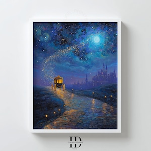Märchenhafte Kutschen Wandkunst, Fantasy Schloss Nacht Druck, Sternenhimmel Digitales Poster, Zauberhaftes Straßenbild, Königliche Kutschen Illustration Kunst