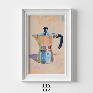 Può includere: Un dipinto di una caffettiera argentata e blu con un manico nero su uno sfondo giallo e arancione.