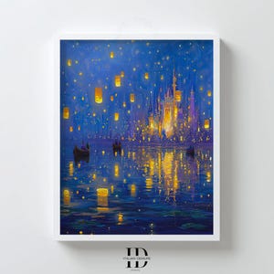 Laternenschloss Wandkunst, Märchen Nachthimmel Druck, Blaue Fantasy Illustration, Digitaler Download Romantik Poster, Wunderliches Schlafzimmer Dekor