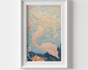 Arte de sirena etéreo – Pintura oceánica en tonos pastel suaves – Impresión de fantasía submarina de ensueño – Decoración costera caprichosa – Descarga digital – Princesa