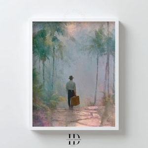 Vintage tropische reisprint, wanddecoratie van een man met een koffer, schilderij van een mistig junglepad, retro-avonturenposter, digitale downloaddecoratie