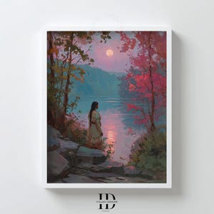 Sonnenuntergang See Wandkunst, Native-inspirierter Frauen Landschaftsdruck, Herbst Natur Malerei, Ruhige Flussszene, Digitaler Download Poster