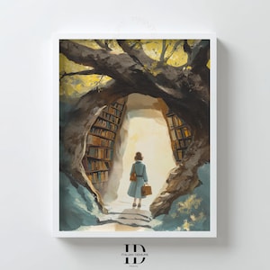 気まぐれな木の図書館の壁アート、読書好きのデジタルプリント、魔法の森の通路のポスター、居心地の良い読書コーナーの装飾、印刷可能なファンタジーアート