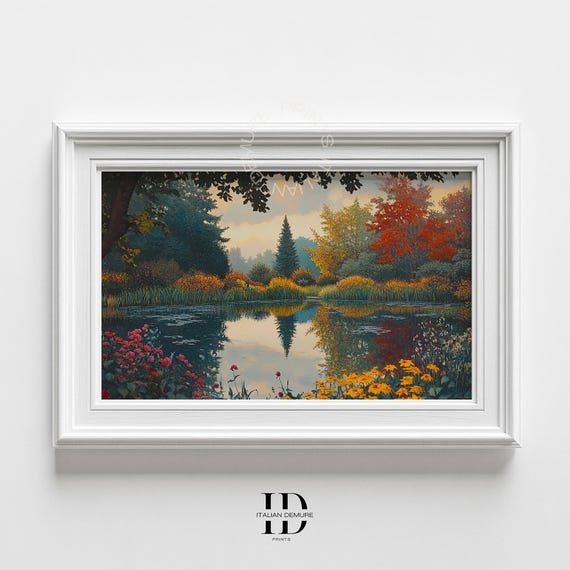 秋の湖の反射ウォールアート – デジタル風景プリント – 秋の自然風景