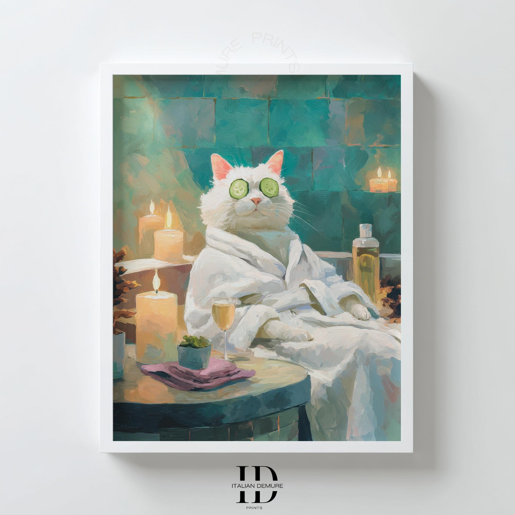 Arte mural de gato divertido en bata de spa, póster imprimible de mascota relajante, decoración de baño de animales caprichosos, descarga digital adorable para amantes de los gatos.