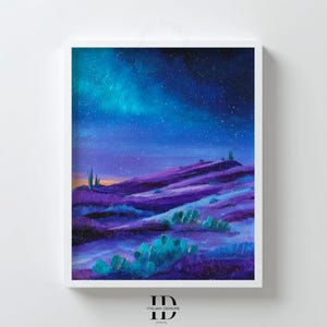Impresión de paisaje nocturno desértico morado, arte mural de cielo estrellado, póster digital del suroeste, ilustración de cactus, decoración bohemia imprimible