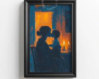 Silueta de madre e hijo a la luz de las velas: pintura digital, decoración emocional para el hogar, arte de pared acogedor, regalo imprimible para la maternidad: Día de la Madre