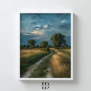 Country Path Wall Art Print, Rustic Landscape Painting, Golden Field Nature Scene, Moody Cloudy Sky Poster, Digital Farmhouse Decor Download